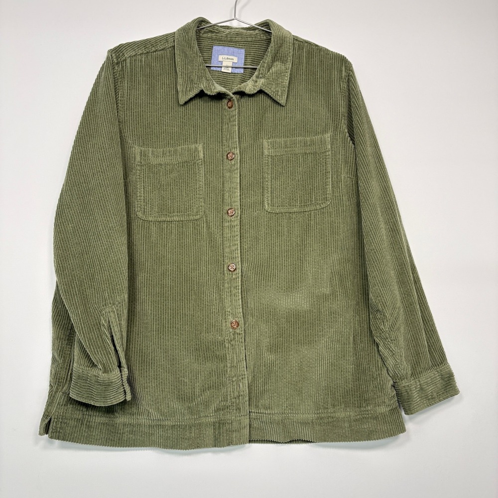 LL Bean Womens Shirt Jacket 1X Plus Green Corduroy Button Down 512409 Outdoor